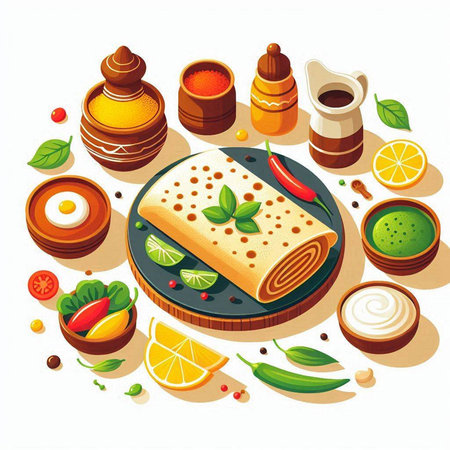 Vector illustration of crepe with spices and herbs on a white backgroundのイラスト素材