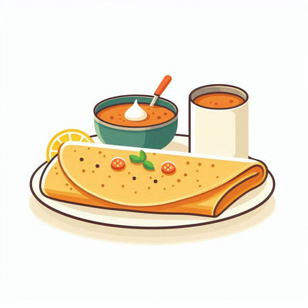 Pancakes with sour cream and chili sauce. Vector illustration.のイラスト素材