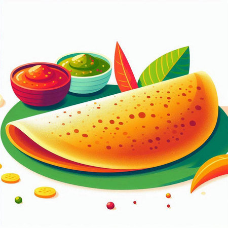 Illustration of a plate of pizza with guacamole and tomato sauceのイラスト素材