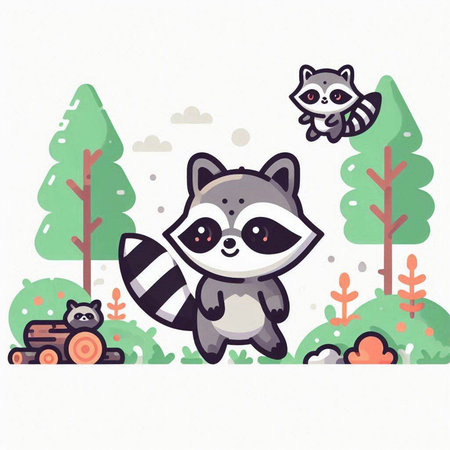 Cute raccoon in the forest. Hand drawn vector illustration.のイラスト素材