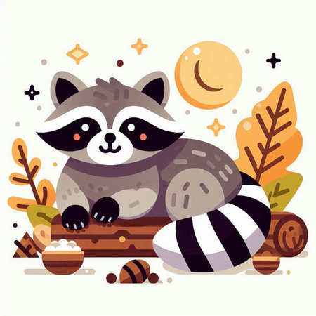 Cute raccoon sitting on a log with autumn leaves. Vector illustration.のイラスト素材
