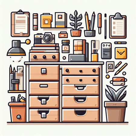 Vector illustration of a shelf with office supplies in a flat style.のイラスト素材
