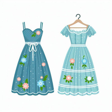 Blue dress with floral pattern on a hanger. Vector illustration.のイラスト素材