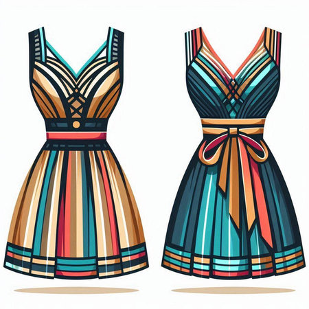 Illustration of two beautiful dresses in retro style on a white backgroundのイラスト素材