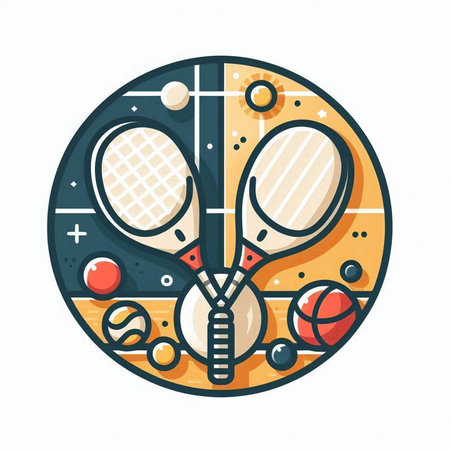 Tennis racket and ball icon. Vector illustration in flat style.のイラスト素材