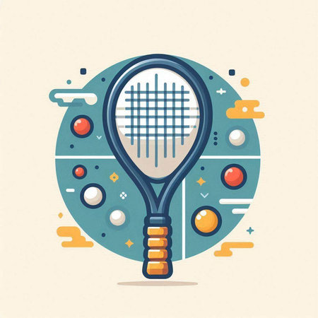 Tennis racket and balls. Vector illustration in flat linear style.のイラスト素材