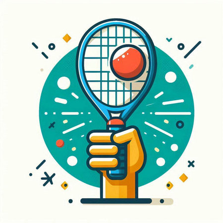 Tennis racket and ball in hand. Flat style vector illustration.のイラスト素材