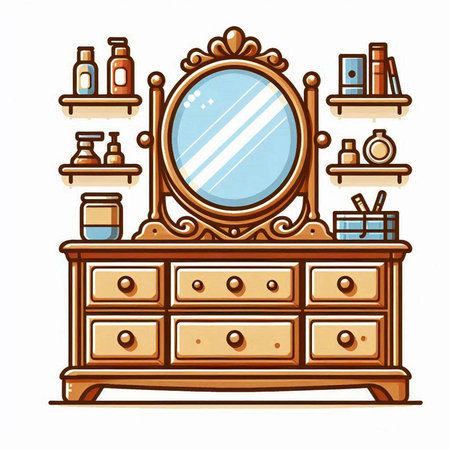 Vector illustration of a dressing table with a mirror and other items.のイラスト素材