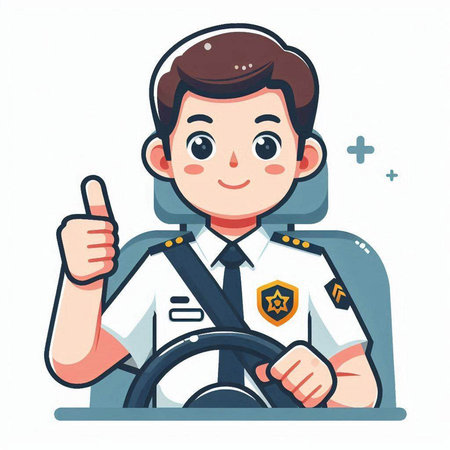 Policeman driving a car and showing thumbs up. Vector illustration.のイラスト素材