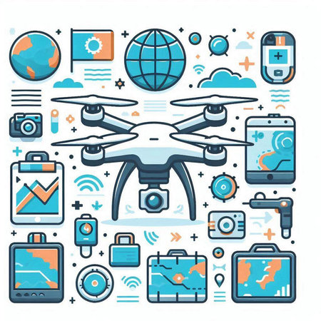 Drone technology icons set. Drone quadcopter with camera and remote control. Vector illustrationのイラスト素材