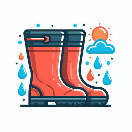 Rubber boots with rain drops. Vector illustration in flat style.のイラスト素材