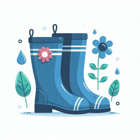 Blue rubber boots and flowers. Vector illustration in flat cartoon style.のイラスト素材
