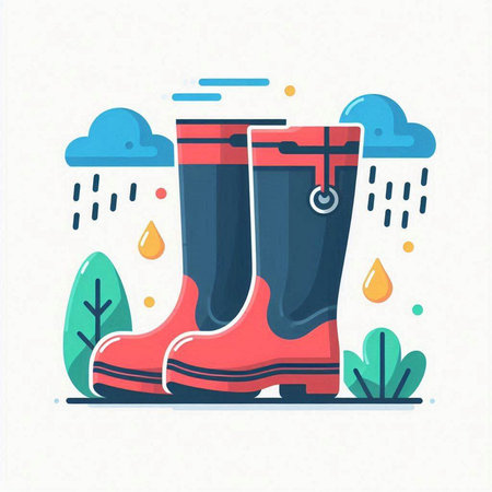 Red rubber boots in the rain. Vector illustration in flat style.のイラスト素材
