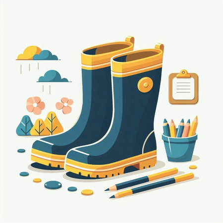Garden rubber boots, watering can and pencils. Flat style vector illustration.のイラスト素材