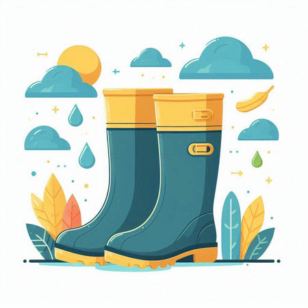 Garden rubber boots with raindrops. Vector illustration in flat style.のイラスト素材