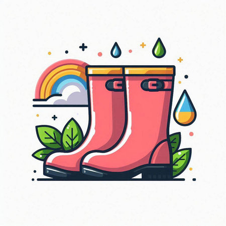 Rubber boots with rain drops and rainbows. Vector illustration.のイラスト素材