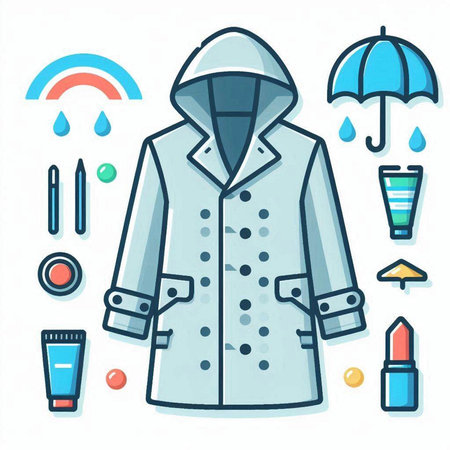 Winter fashion icon set in trendy linear style. Vector illustration of coat, umbrella, cosmetics, cream, lipstick, eyeshadow palette.のイラスト素材