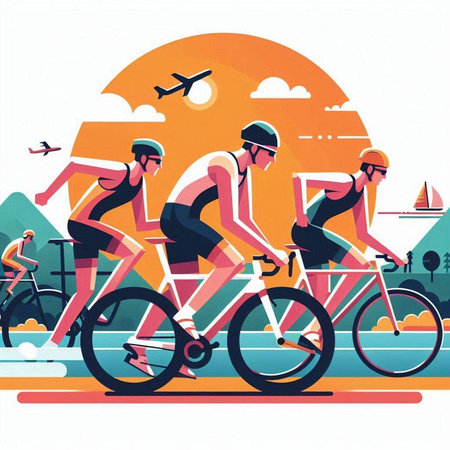 Cyclists in the park. Vector illustration. Flat style.のイラスト素材