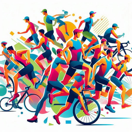 Vector illustration of a group of active people running on a bicycle.のイラスト素材