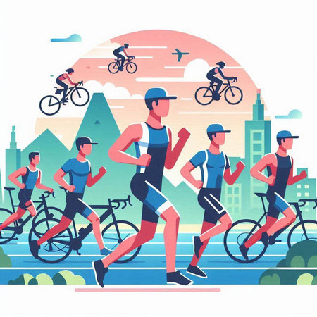 Cyclists running in the city. Vector illustration in flat styleのイラスト素材