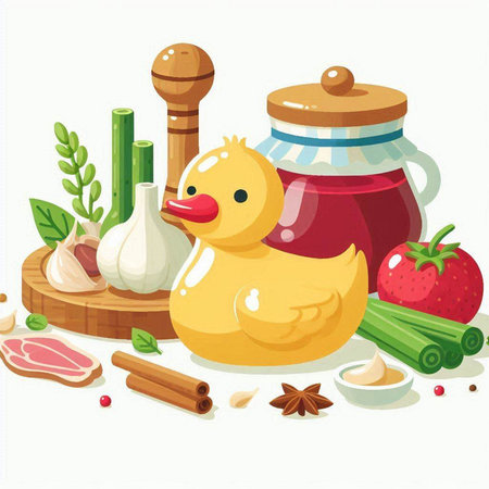 Illustration of a duckling with ingredients for cooking on a white backgroundのイラスト素材