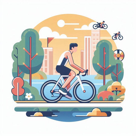 Cyclist riding bicycle in the park. Flat vector illustration.のイラスト素材