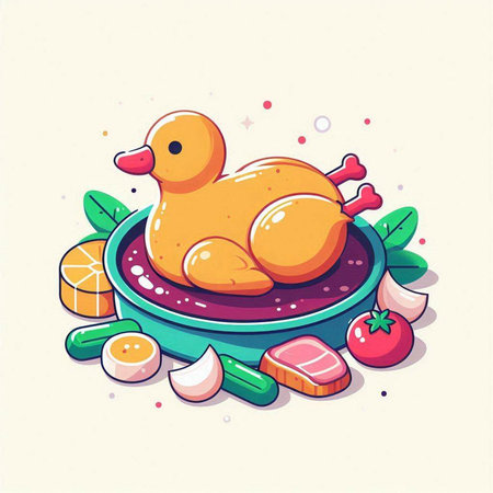 Vector illustration of a cute cartoon duck on a plate with vegetables.のイラスト素材