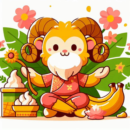 Cute cartoon ram in traditional chinese clothes sitting on the grass with fruits and flowersのイラスト素材