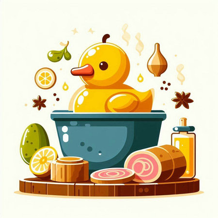 Bathtub with yellow rubber duck and ingredients for spa. Vector illustration.のイラスト素材