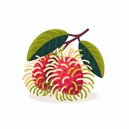 Rambutan fruit with green leaves isolated on white background. Rambutan vector illustration.のイラスト素材