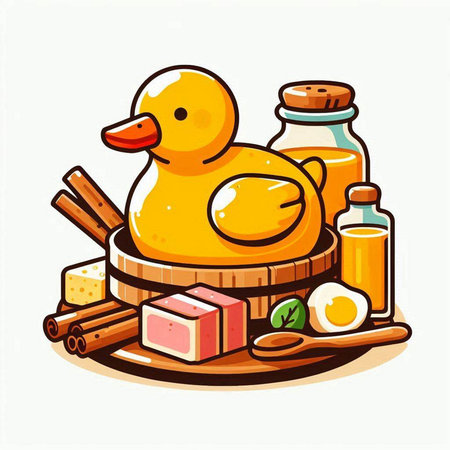 Yellow rubber duck on wooden plate with ingredients for cooking. Vector illustration.のイラスト素材