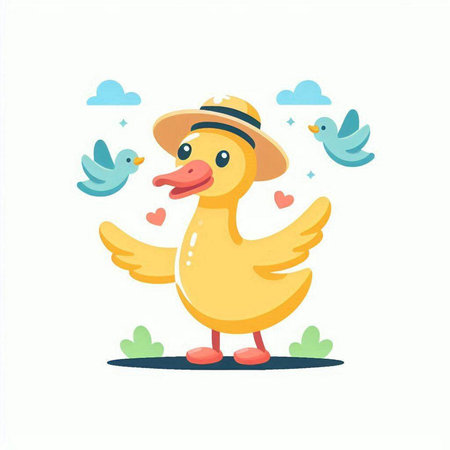 Cute duck in a hat with hearts and birds. Vector illustration.のイラスト素材