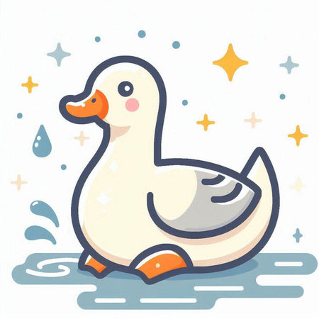Vector illustration of a cute duck on white background with stars and spots.のイラスト素材