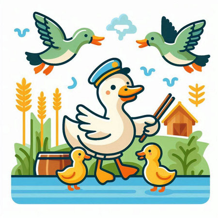 Vector illustration of a funny duck with ducklings on the background of nature.のイラスト素材