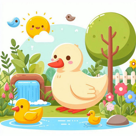 Duckling in the garden. Cute cartoon vector illustration.のイラスト素材