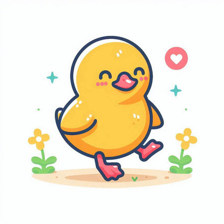 Cute little yellow duckling running on the ground. Vector illustration.のイラスト素材