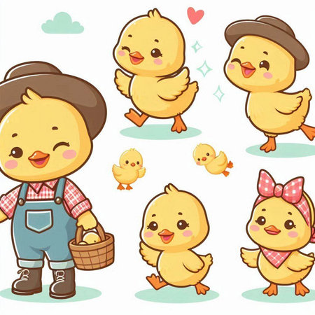 Illustration of Cute Little Chicken Farm Animal Characters in Different Posesのイラスト素材