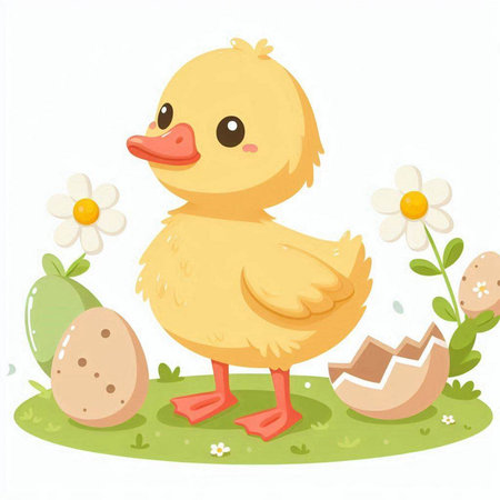 Illustration of a Cute Little Yellow Duckling with Eggs and Flowersのイラスト素材