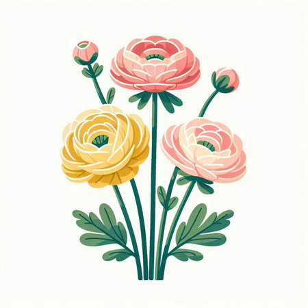 Ranunculus flowers isolated on white background. Vector illustration.のイラスト素材