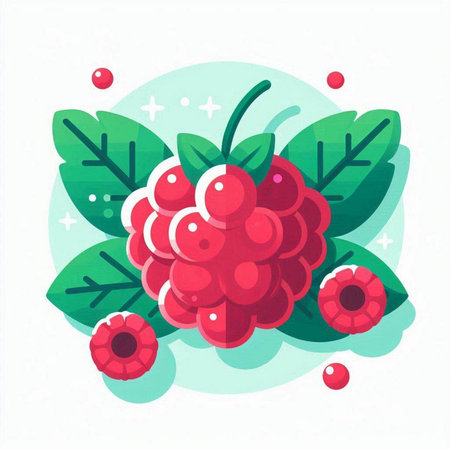 Raspberry vector illustration. Hand drawn berry with green leaves.のイラスト素材