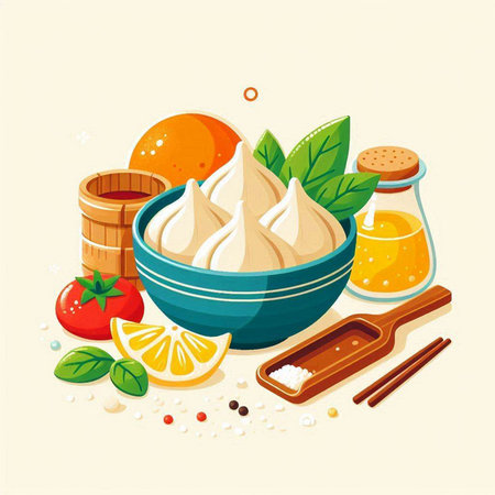 Vector illustration of a bowl of dumplings and ingredients for cookingのイラスト素材