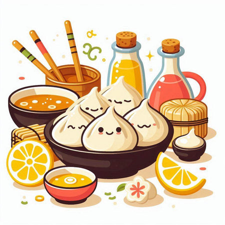Vector illustration of Chinese dumplings in a bowl with sauce and ingredients for cooking.のイラスト素材