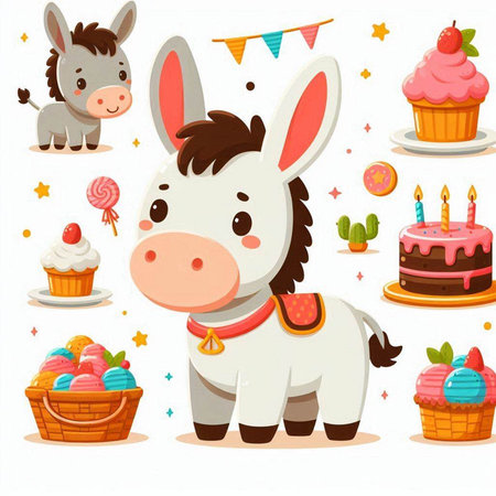 Cute cartoon donkeys with birthday cake and sweets. Vector illustration.のイラスト素材