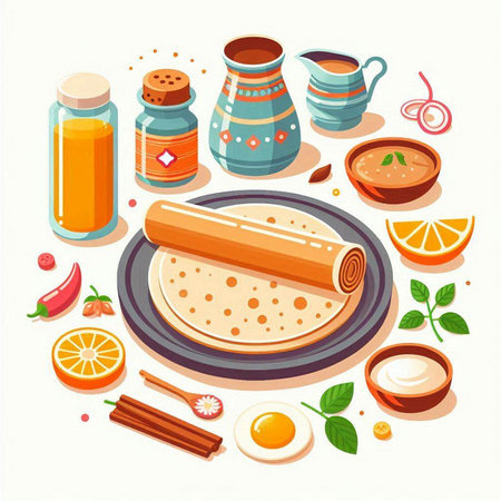 Pancakes and ingredients for cooking. Vector illustration in cartoon style.のイラスト素材
