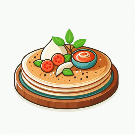 Pancakes with sour cream, tomato and basil. Vector illustration.のイラスト素材