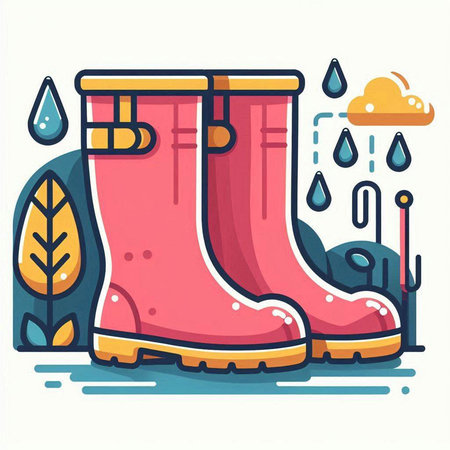 Vector illustration of rubber boots and raindrops in flat design style.のイラスト素材