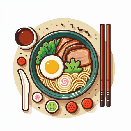 Illustration of ramen noodle bowl with chopsticks and soy sauceのイラスト素材