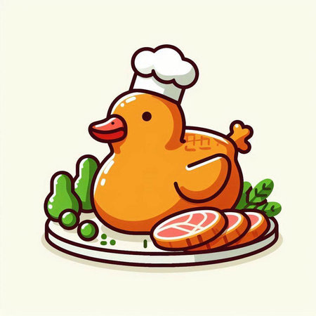 Illustration of a duck with a chef hat on a plate.のイラスト素材