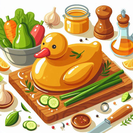 Illustration of a duck on a chopping board with vegetables and spicesのイラスト素材
