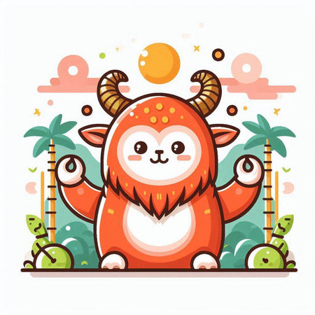 Cute cartoon monster on the background of the jungle. Vector illustrationのイラスト素材